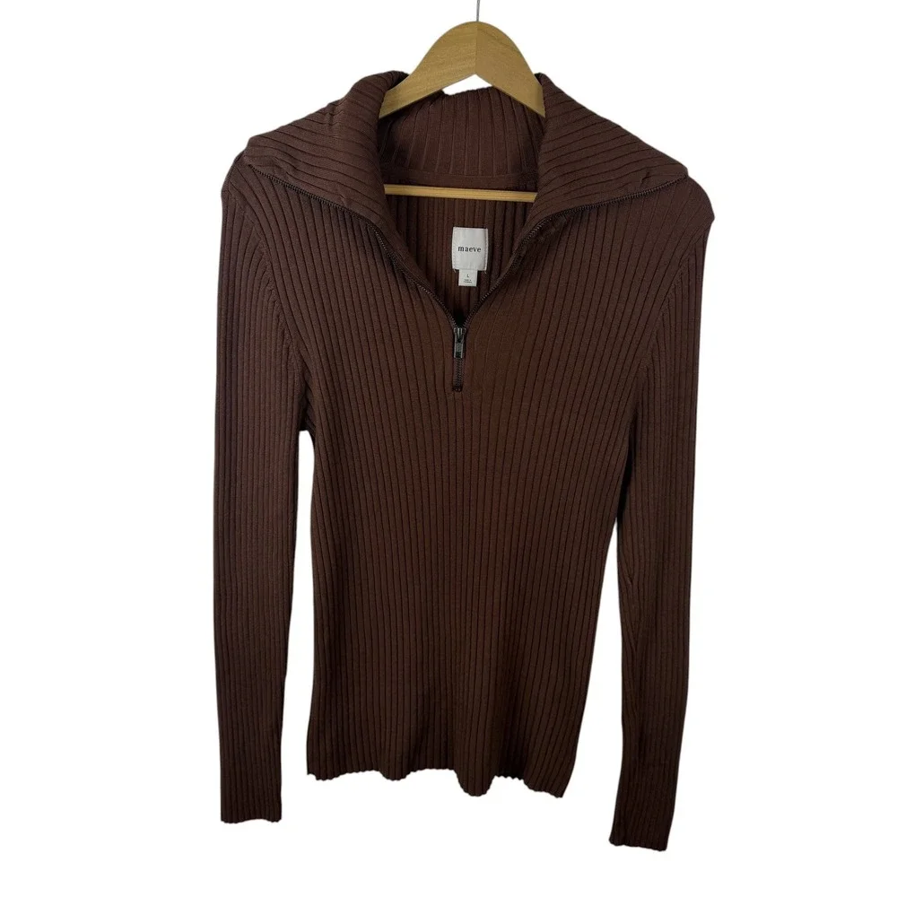 Maeve Anthropologie Brown Ribbed Fitted Half Zip Sweater Large Minimalist Layers